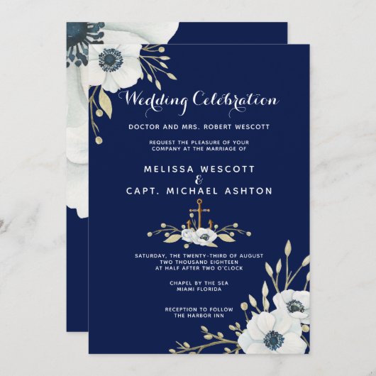 Wasserfarbenfrohe blaue Navy und weiße Hochzeit Einladung (Vorne/Hinten)