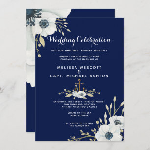 Wasserfarbenfrohe blaue Navy und weiße Hochzeit Einladung