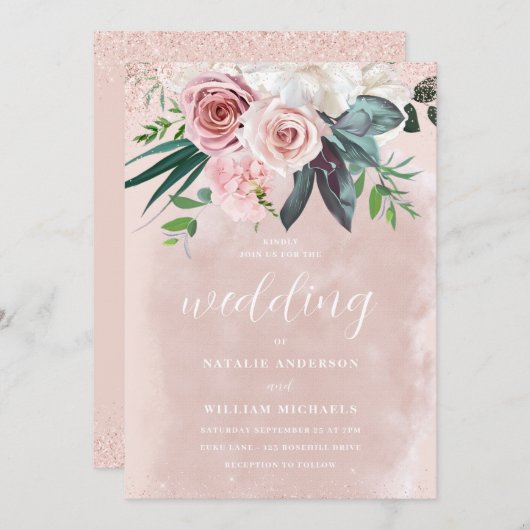 Wasserfarbenfrohe Blume in rosa Rosa Hochzeit Einladung (Vorne/Hinten)