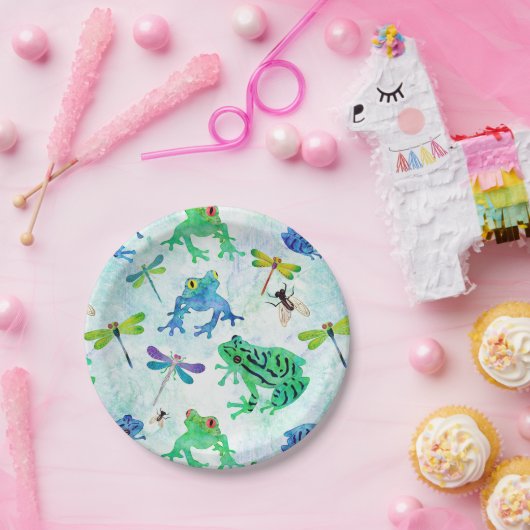 Wasserfarbenfrohe Frösche Dragonfly Natur Pappteller (Party)