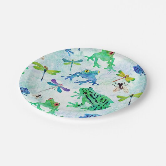 Wasserfarbenfrohe Frösche Dragonfly Natur Pappteller (Schrägansicht)
