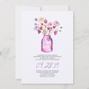 Wasserfarbenfrohe Glas und violette Blumen Hochzei Einladung