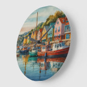 Wasserfarbenfrohe Hafenboote Seefahrt Große Wanduhr (Winkel)