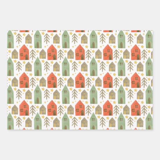 Wasserfarbenfrohe Häuser und Kerzenleuchten Weihna Geschenkpapier Set (Vorderseite 2)