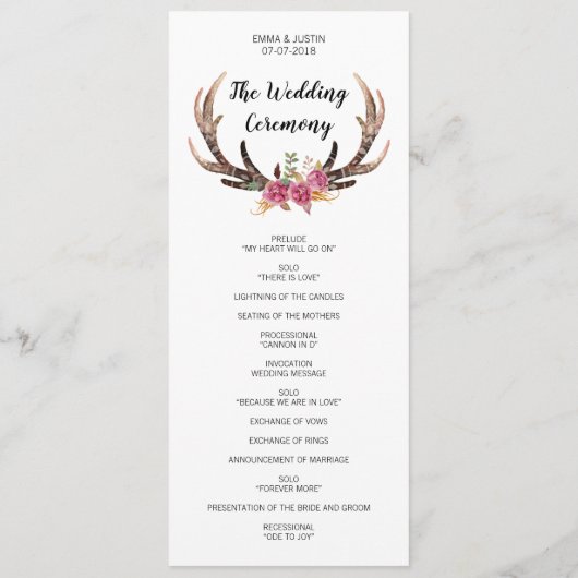 Wasserfarbenfrohe Hirsche Bohemische Landhochzeit Programm (Rückseite)