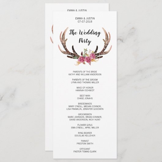 Wasserfarbenfrohe Hirsche Bohemische Landhochzeit Programm (Vorne/Hinten)