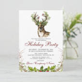 Wasserfarbenfrohe Hirsche, Vögel Holly Berry Holid Einladung (Stehend Vorderseite)