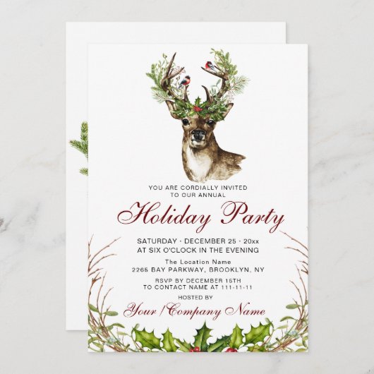 Wasserfarbenfrohe Hirsche, Vögel Holly Berry Holid Einladung (Vorne/Hinten)