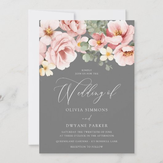 Wasserfarbenfrohe Hochzeit mit grauer Blume Einladung (Vorderseite)