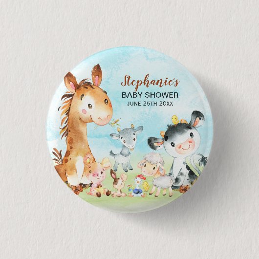 Wasserfarbenfrohe Landtiere Kinderdusche Button (Vorderseite)