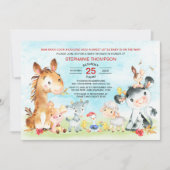 Wasserfarbenfrohe Landtiere Kinderdusche Einladung (Vorderseite)