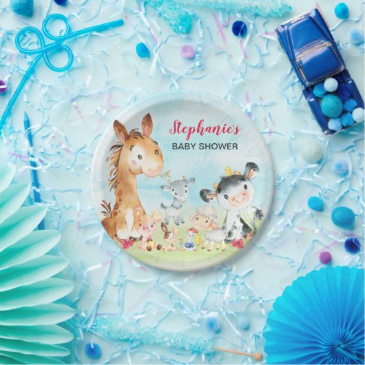 Wasserfarbenfrohe Landtiere Mädchen Kinderdusche Pappteller (Party)