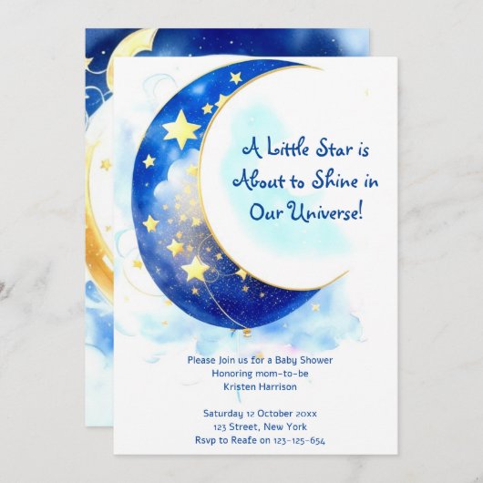 Wasserfarbenfrohe Mond- und Sternendusche Einladung (Vorne/Hinten)