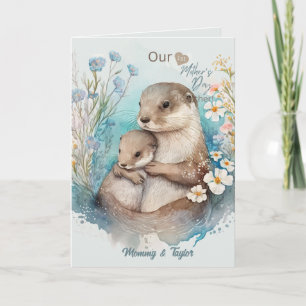 Wasserfarbenfrohe Otter und Baby, erster Muttertag Karte
