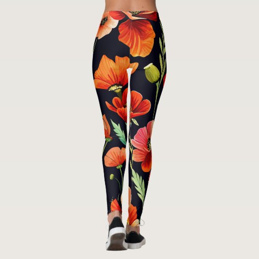 Wasserfarbenfrohe Poppies auf schwarz Leggings (Rückseite)