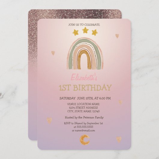 Wasserfarbenfrohe Regenbogenstars Hört Glitzer Geb Einladung (Vorne/Hinten)