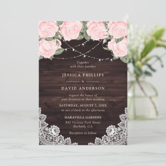 Wasserfarbenfrohe rosa Rustikale Hochzeit Einladung (Stehend Vorderseite)