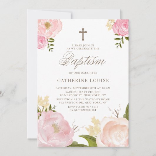 Wasserfarbenfrohe rosafarbene Peony Bloral Taufe Einladung (Vorderseite)