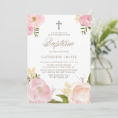 Wasserfarbenfrohe rosafarbene Peony Bloral Taufe Einladung (Stehend Vorderseite)