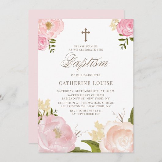 Wasserfarbenfrohe rosafarbene Peony Bloral Taufe Einladung (Vorne/Hinten)