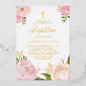 Wasserfarbenfrohe rosafarbene Peony Bloral Taufe Folieneinladung (Vorderseite)