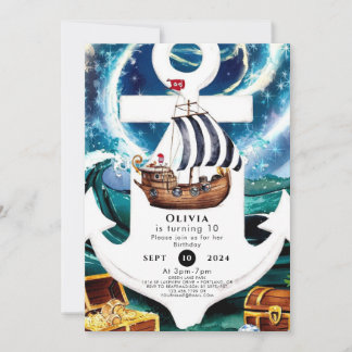 Wasserfarbenfrohe Schifffahrt Pirate Geburtstag Einladung