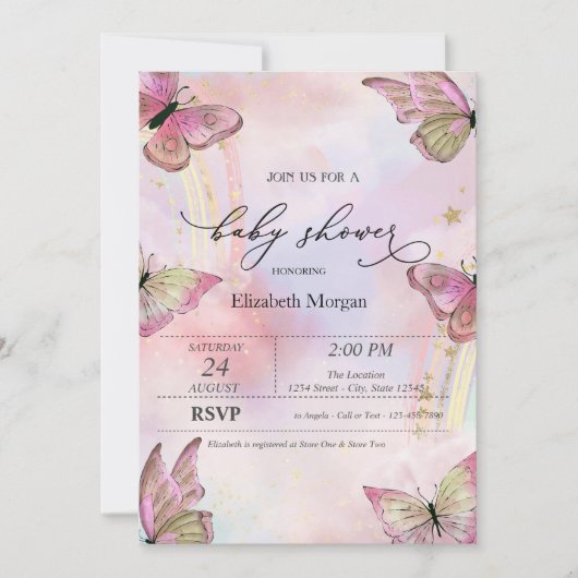 Wasserfarbenfrohe Schmetterlinge Regenbogen Babydu Einladung (Vorderseite)