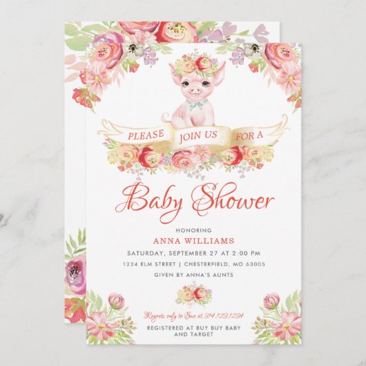 Wasserfarbenfrohe Schweinefleischdusche Einladung (Vorne/Hinten)