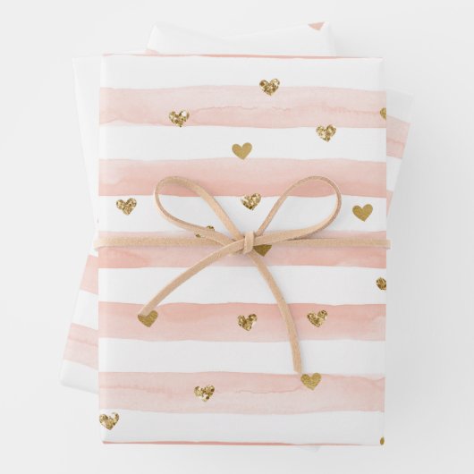 Wasserfarbenfrohe Streifen Gold Glitzer Herz Geschenkpapier Set (Beispiel)
