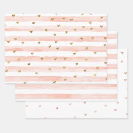 Wasserfarbenfrohe Streifen Gold Glitzer Herz Geschenkpapier Set