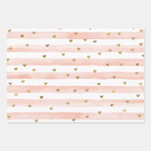 Wasserfarbenfrohe Streifen Gold Glitzer Herz Geschenkpapier Set (Vorderseite)