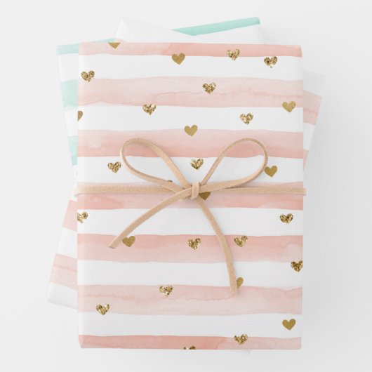 Wasserfarbenfrohe Streifen Gold Glitzer Herz Geschenkpapier Set (Beispiel)