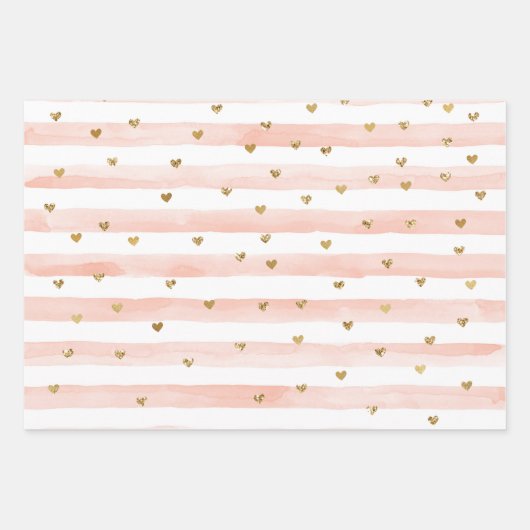 Wasserfarbenfrohe Streifen Gold Glitzer Herz Geschenkpapier Set (Vorderseite)
