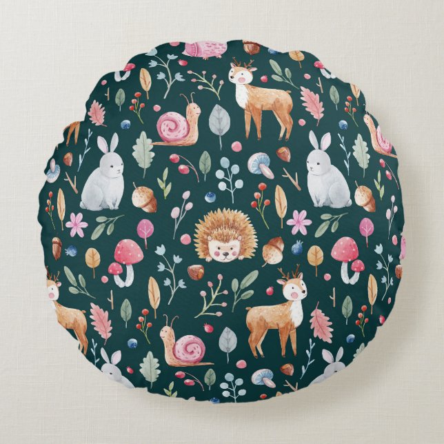 Wasserfarbenfrohe Waldkindermuster Rundes Kissen (Vorderseite)
