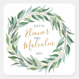 Wasserfarbenfroher Kranz, Eukalyptus Wedding Quadratischer Aufkleber