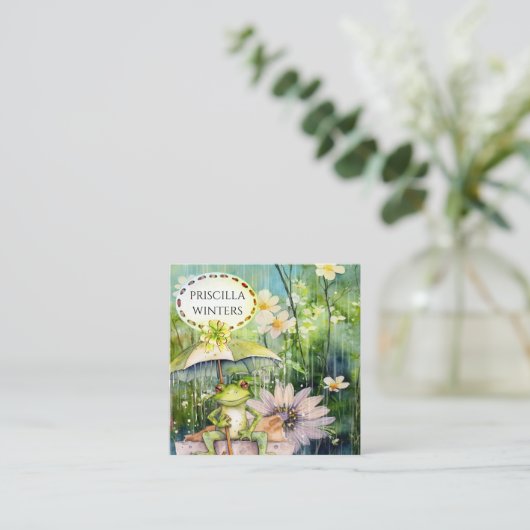 Wasserfarbenfrosch Regenschirm Aquamarin Quadratische Visitenkarte (Stehend Vorderseite)