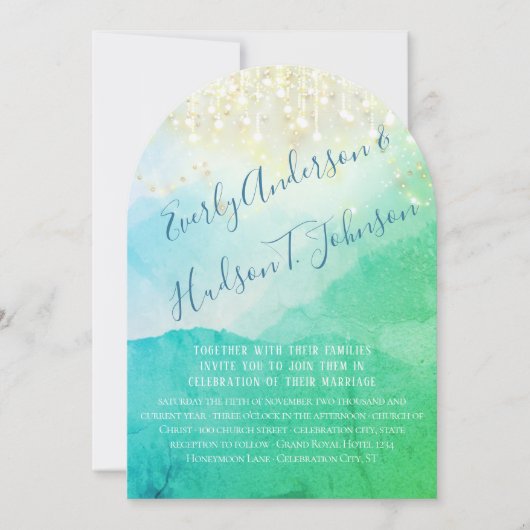 Wasserfarbengebirge Blaue grüne goldene Lichter Einladung (Vorderseite)