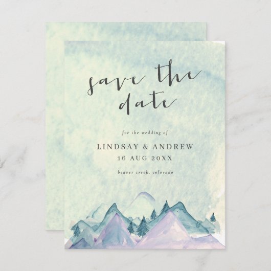 Wasserfarbengebirge, die Hochzeit spart das Datum Einladung (Vorne/Hinten)