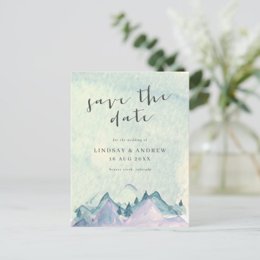 Wasserfarbengebirge, die Hochzeit spart das Datum Postkarte (Stehend Vorderseite)