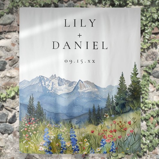 Wasserfarbengebirge Hochzeitskabine Foto Hintergru Wandteppich