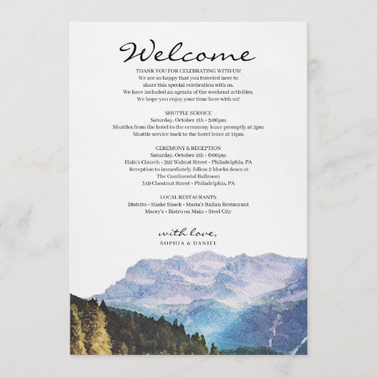 Wasserfarbengebirge Hochzeitstag Begrüßungsreise Programm (Vorderseite)