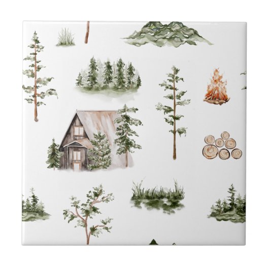 Wasserfarbengebirge Kabine Wald Nahtloses Muster Fliese (Vorderseite)