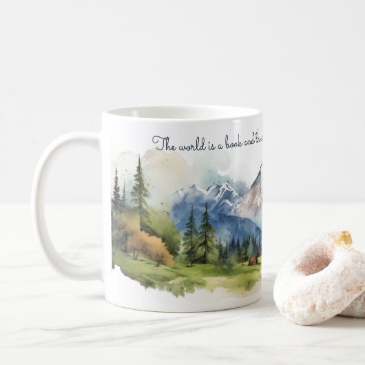 Wasserfarbengebirge Landschaft im Tal mit Zitaten Kaffeetasse (Mit Donut)