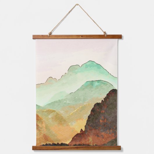 Wasserfarbengebirge Landschaft in Aquamarin und br Wandteppich Mit Holzrahmen (Vorderseite)