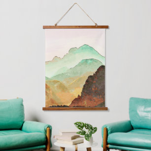 Wasserfarbengebirge Landschaft in Aquamarin und br Wandteppich Mit Holzrahmen