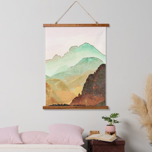 Wasserfarbengebirge Landschaft in Aquamarin und br Wandteppich Mit Holzrahmen (Schlafzimmer)