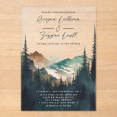 Wasserfarbengebirge Pinienwald-Skripte Hochzeit Acryleinladungen (Vorderseite)