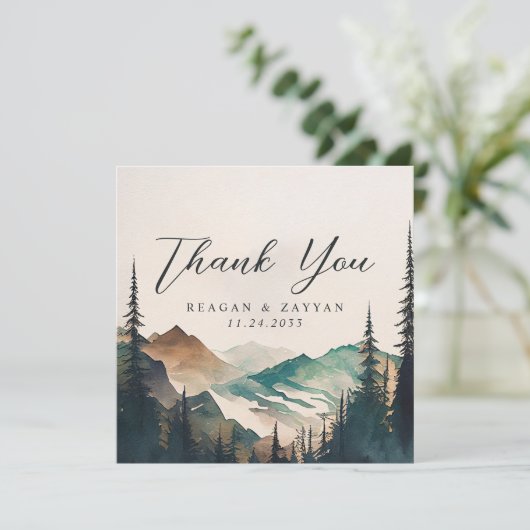 Wasserfarbengebirge Pinienwaldhochzeit Dankeskarte (Stehend Vorderseite)