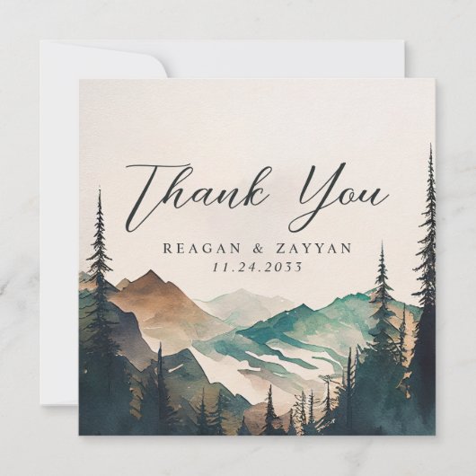 Wasserfarbengebirge Pinienwaldhochzeit Dankeskarte (Vorderseite)