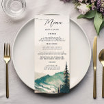 Wasserfarbengebirge Pinienwaldhochzeit Menükarte<br><div class="desc">Präsentieren Sie Ihr Hochzeitsfest in einer visuell angenehmen Weise mit dem Watercolor Mountains Pine Forest Wedding Menu. Dieses auf hochwertigem Kartenmaterial gedruckte Menü besticht durch eine ruhige Aquarelllandschaft aus Bergen und einem Kiefernwald, die die natürliche Pracht Ihres Hochzeitsthemas widerspiegelt. Die Geschirr Ihres Empfang-Essens sind in klarer, moderner Typografie aufgelistet und...</div>